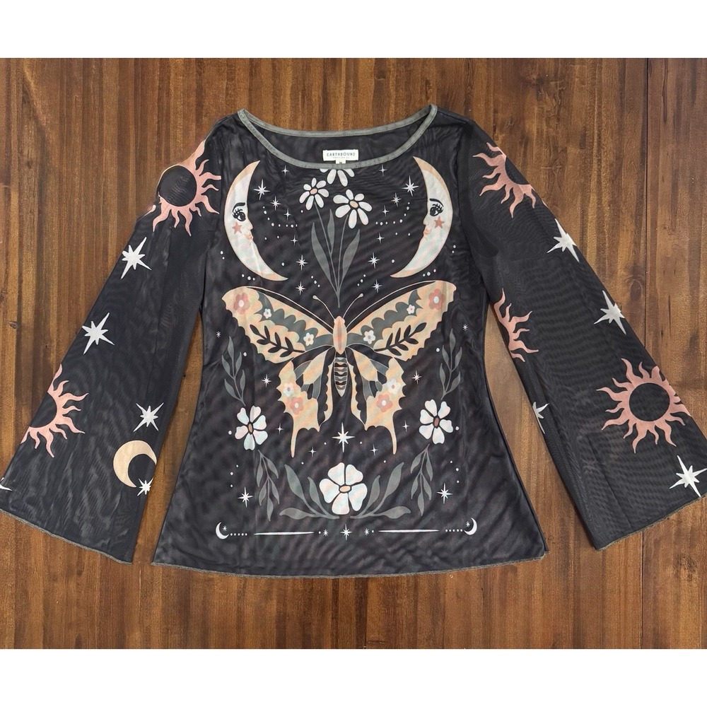 Earthbound Celestial Moth Sheer Black Mesh Top Sun Moon Stars Bell Sleeve Medium